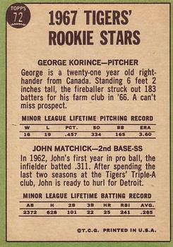 1967 Topps #72 Tigers 1967 Rookie Stars (George Korince / Tom Matchick) Back