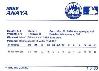 1990 Star Kingsport Mets #1 Mike Anaya Back