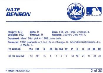 1990 Star Kingsport Mets #2 Nate Benson Back