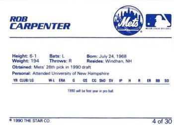 1990 Star Kingsport Mets #4 Rob Carpentier Back