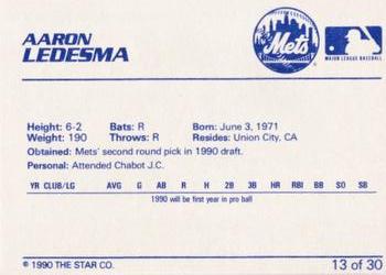 1990 Star Kingsport Mets #13 Aaron Ledesma Back