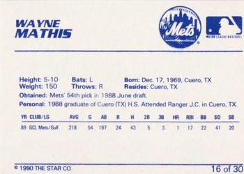 1990 Star Kingsport Mets #16 Wayne Mathis Back