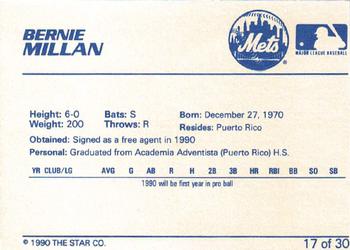 1990 Star Kingsport Mets #17 Bernie Millan Back