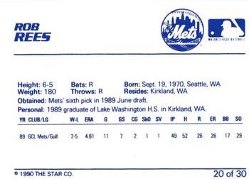 1990 Star Kingsport Mets #20 Rob Rees Back