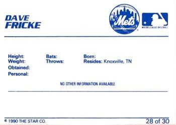 1990 Star Kingsport Mets #28 Dave Fricke Back