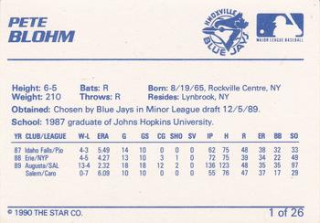 1990 Star Knoxville Blue Jays #1 Pete Blohm Back