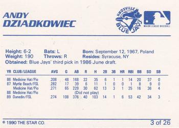 1990 Star Knoxville Blue Jays #3 Andy Dziadkowiec Back