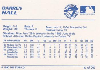 1990 Star Knoxville Blue Jays #4 Darren Hall Back