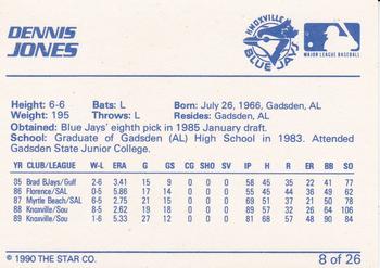 1990 Star Knoxville Blue Jays #8 Dennis Jones Back