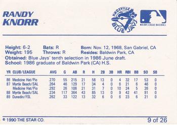 1990 Star Knoxville Blue Jays #9 Randy Knorr Back