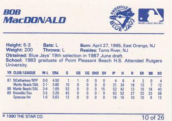 1990 Star Knoxville Blue Jays #10 Bob MacDonald Back