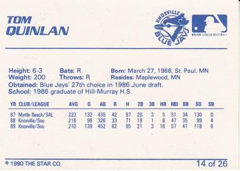 1990 Star Knoxville Blue Jays #14 Tom Quinlan Back