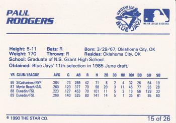 1990 Star Knoxville Blue Jays #15 Paul Rodgers Back
