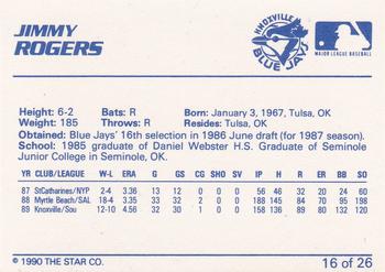 1990 Star Knoxville Blue Jays #16 Jimmy Rogers Back