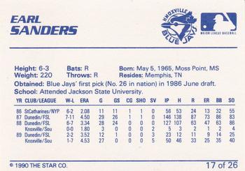1990 Star Knoxville Blue Jays #17 Earl Sanders Back