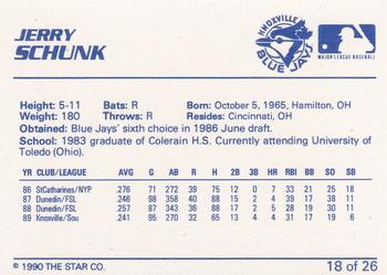 1990 Star Knoxville Blue Jays #18 Jerry Schunk Back