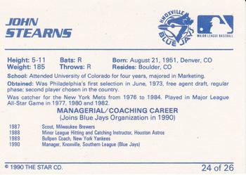 1990 Star Knoxville Blue Jays #24 John Stearns Back