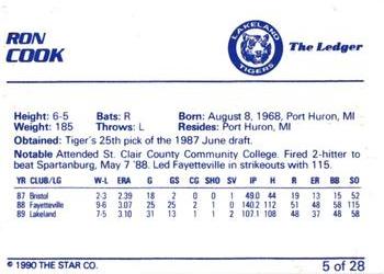 1990 Star Lakeland Tigers #5 Ron Cook Back