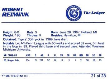 1990 Star Lakeland Tigers #21 Robert Reimink Back