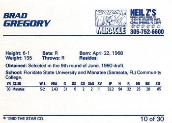 1990 Star Miami Miracle I #10 Brad Gregory Back