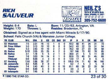 1990 Star Miami Miracle I #23 Rich Sauveur Back