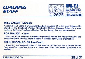 1990 Star Miami Miracle I #28 Mike Easler / Bob Fralick / Fredi Gonzalez Back