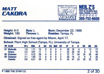 1990 Star Miami Miracle I #2 Matt Cakora Back