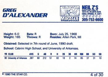 1990 Star Miami Miracle I #4 Greg D'Alexander Back