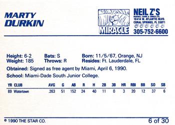 1990 Star Miami Miracle I #6 Marty Durkin Back