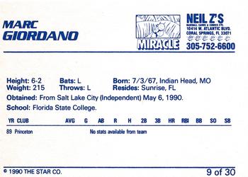 1990 Star Miami Miracle I #9 Marc Giordano Back