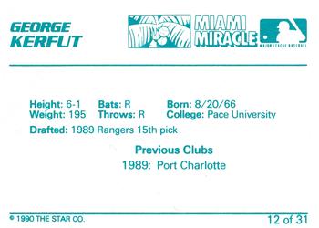 1990 Star Miami Miracle II #12 George Kerfut Back