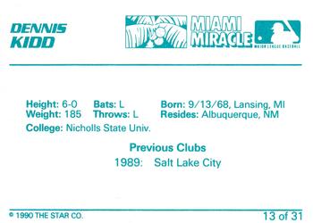 1990 Star Miami Miracle II #13 Dennis Kidd Back