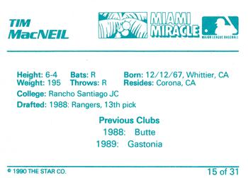 1990 Star Miami Miracle II #15 Tim MacNeil Back