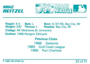 1990 Star Miami Miracle II #22 Mike Reitzel Back