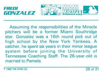 1990 Star Miami Miracle II #28 Fredi Gonzalez Back
