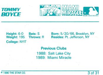 1990 Star Miami Miracle II #3 Tommy Boyce Back