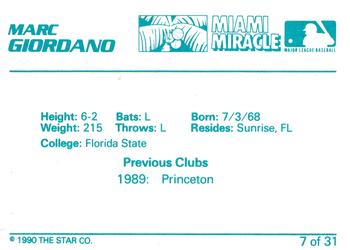 1990 Star Miami Miracle II #7 Marc Giordano Back