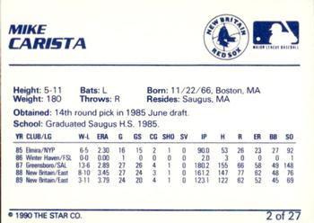 1990 Star New Britain Red Sox #2 Mike Carista Back