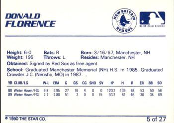 1990 Star New Britain Red Sox #5 Donald Florence Back