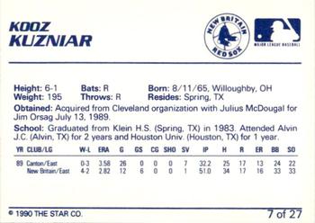 1990 Star New Britain Red Sox #7 Kooz Kuzniar Back