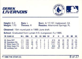 1990 Star New Britain Red Sox #8 Derek Livernois Back