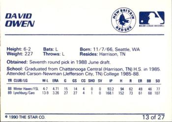 1990 Star New Britain Red Sox #13 David Owen Back