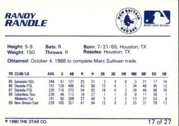1990 Star New Britain Red Sox #17 Randy Randle Back
