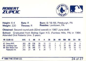 1990 Star New Britain Red Sox #24 Robert Zupcic Back