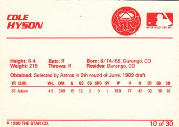 1990 Star Osceola Astros #10 Cole Hyson Back