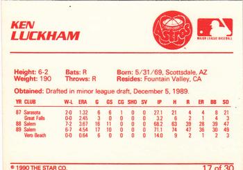 1990 Star Osceola Astros #17 Ken Luckham Back
