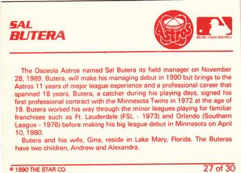 1990 Star Osceola Astros #27 Sal Butera Back