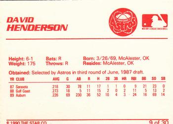 1990 Star Osceola Astros #9 David Henderson Back