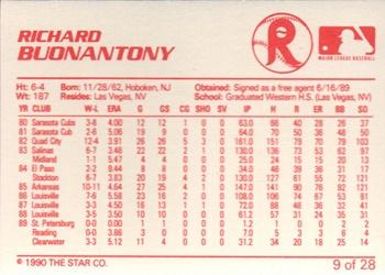 1990 Star Reading Phillies #9 Richard Buonantony Back