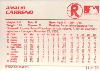 1990 Star Reading Phillies #11 Amalio Carreno Back